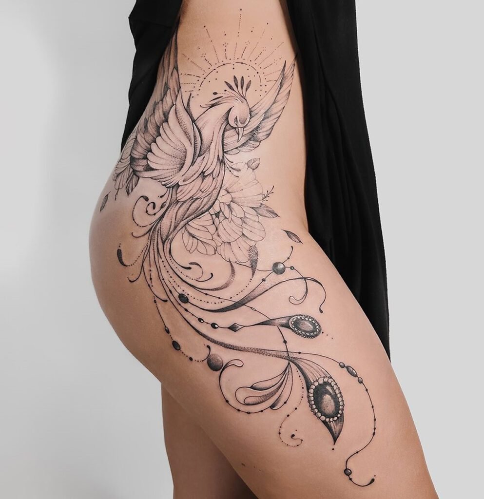 Decorative Phoenix Hip Tattoo