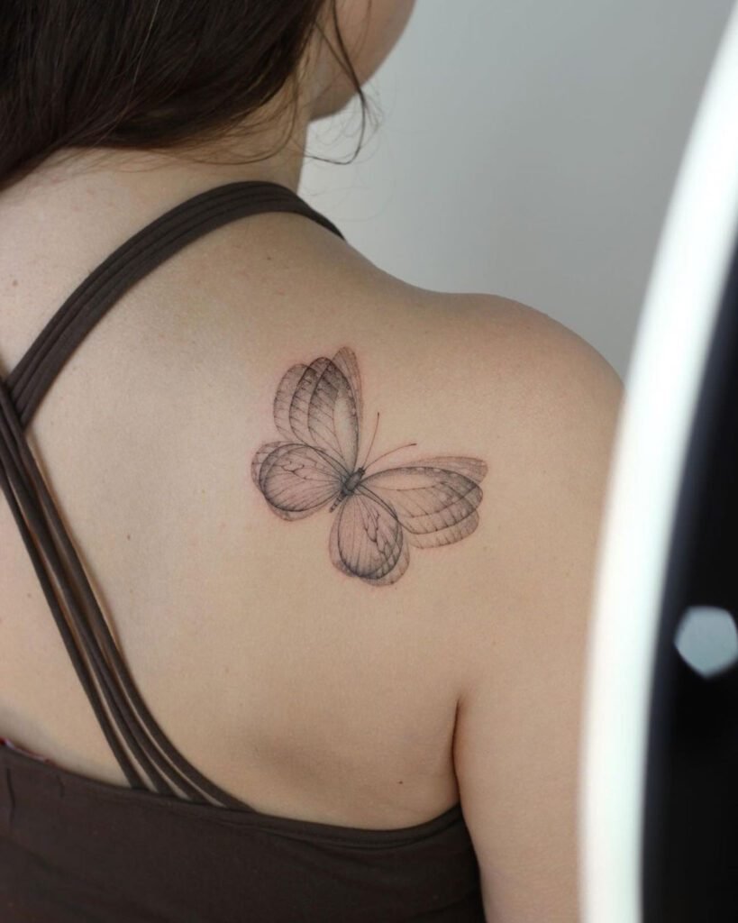 Triple Exposure Shoulder Butterfly Tattoo