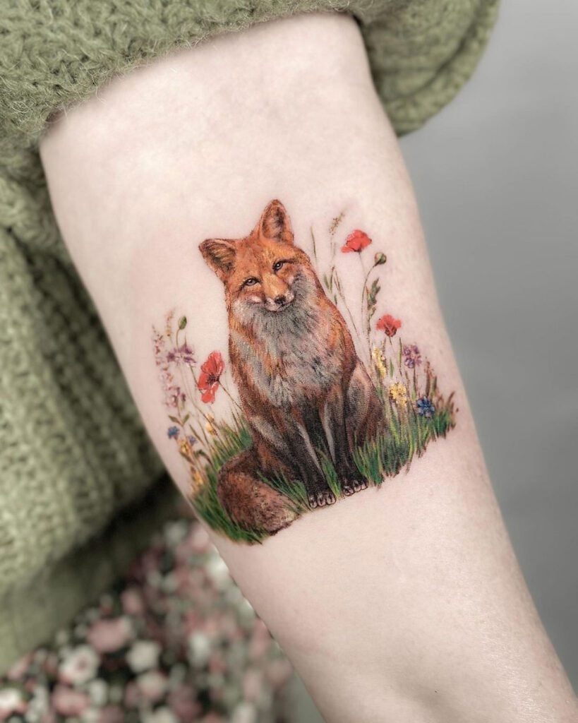 Fox And Flower Tattoo